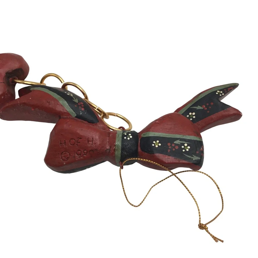Vintage 1990 H of H Hand Painted Wood Bow and Heart Christmas Ornament Folk Art